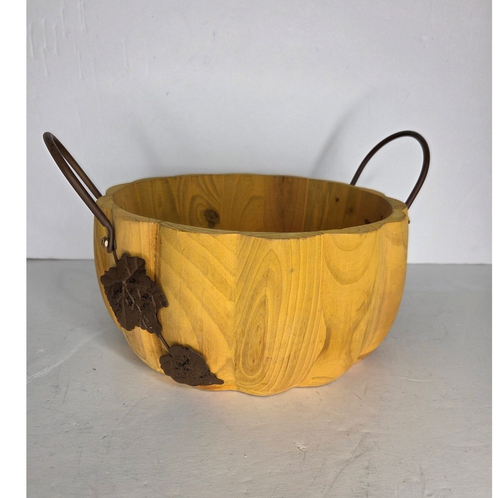 Pier 1 Rustic Wooden Pumpkin Bowl Scalloped Edge Metal Handles Harvest Fall